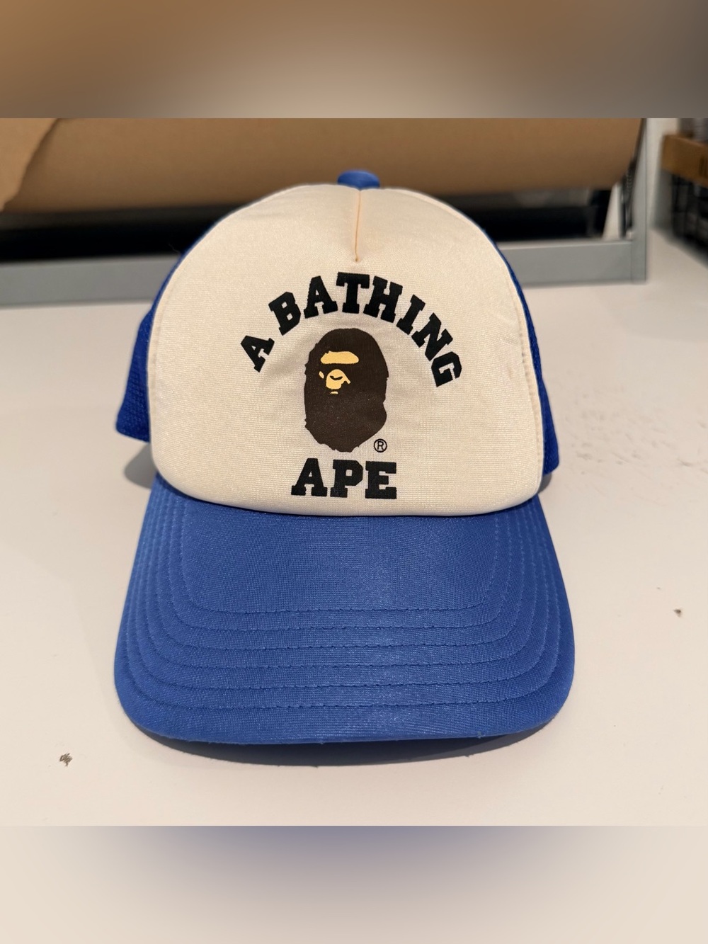 A Bathing Ape Trucker Hat Snap Back Blue Spell Out